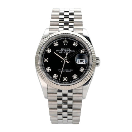 Rolex Datejust 36 aus Oystersteel und Weißgold, schwarzes Zifferblatt mit Diamanten, Jubile-Band, Ref. 126234