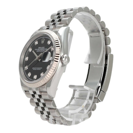 Rolex Datejust 36 in Oystersteel und Weißgold mit schwarzem Zifferblatt und Diamanten, Jubile-Band.