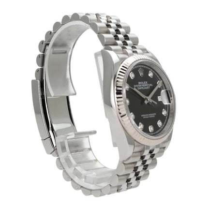 Rolex Datejust 36 aus Edelstahl und 18 kt Weißgold, schwarzes Zifferblatt mit Diamanten, Jubile-Armband.