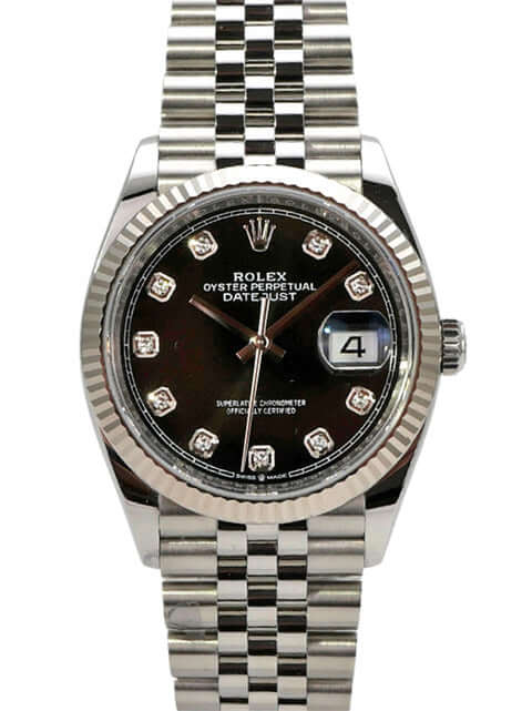 Rolex Datejust 36 in Oystersteel mit schwarzem Zifferblatt, 10 Diamanten und Jubile-Band. Ref. 126234, 2023.