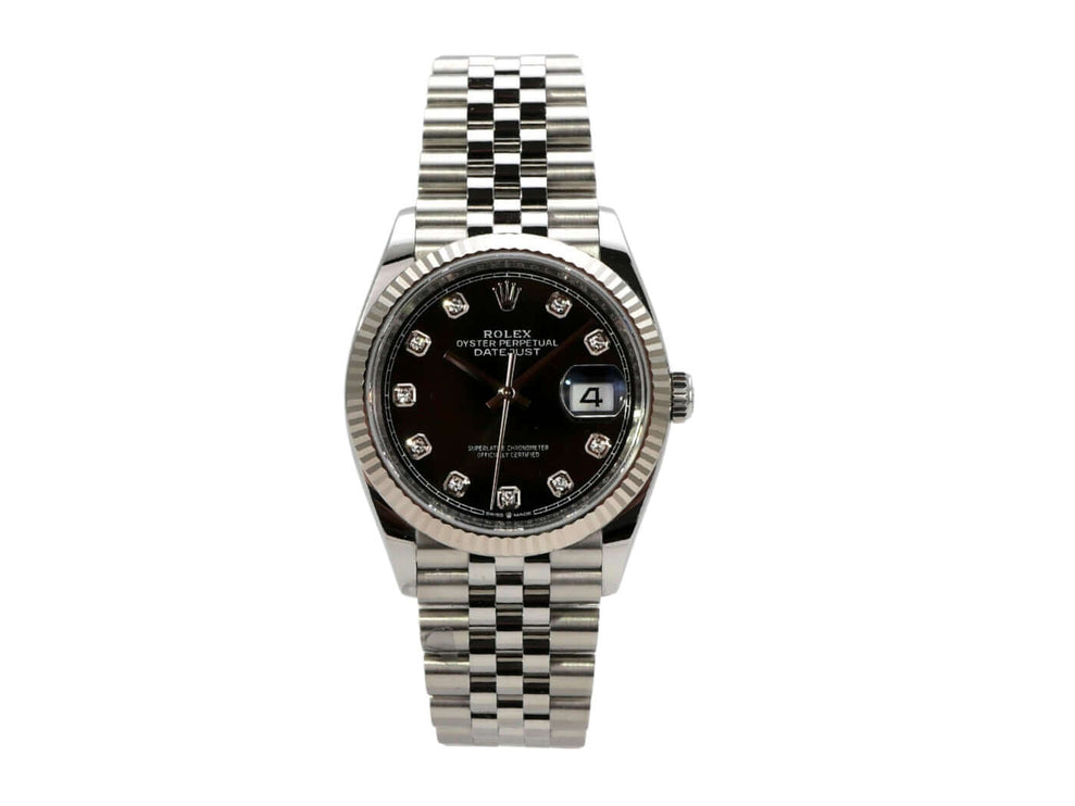 Rolex Datejust 36 aus Oystersteel und Weißgold, schwarzes Zifferblatt mit Diamanten, Jubile-Band, Ref. 126234.