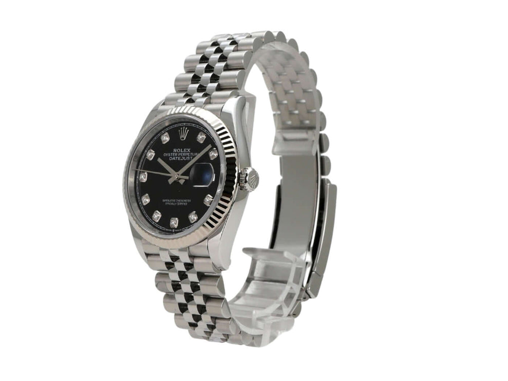 Rolex Datejust 36 Oystersteel Weißgold Ref. 126234 mit schwarzem Zifferblatt und Diamanten, Jubile-Band.