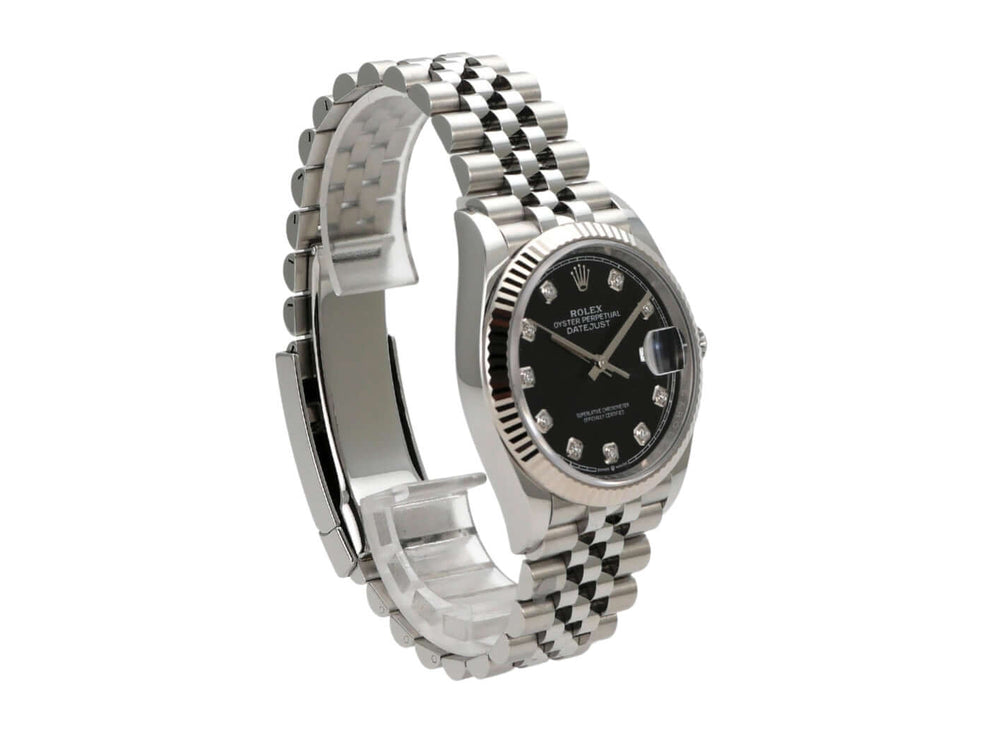 Rolex Datejust 36 Uhr aus Oystersteel und 18kt Weißgold mit schwarzem Zifferblatt und Diamanten.