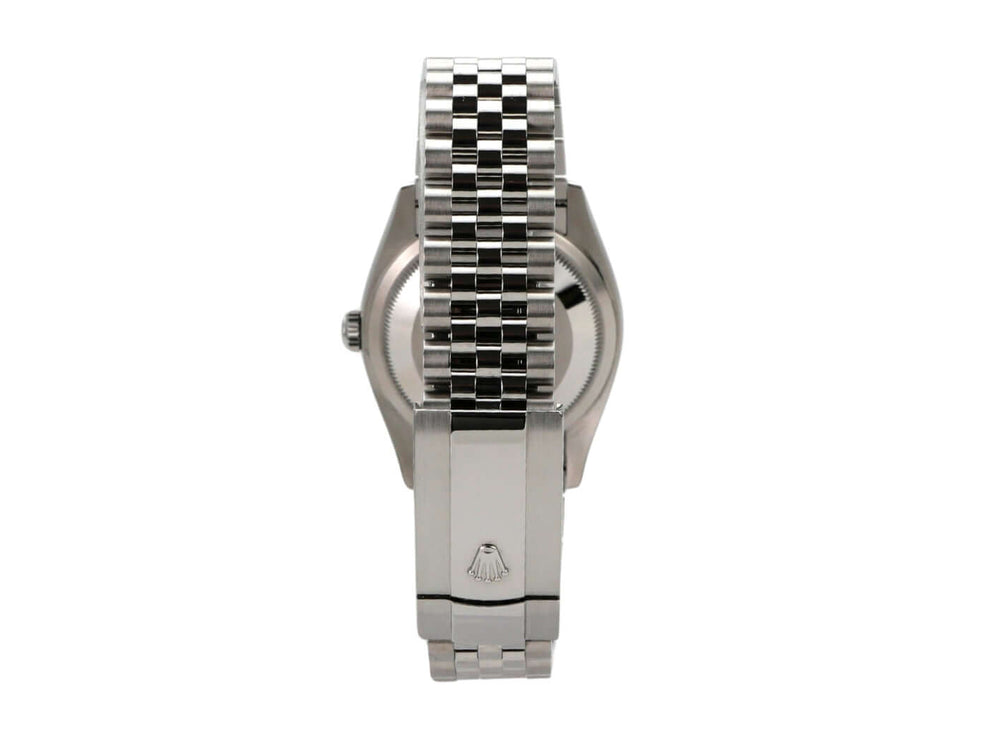 Detailansicht der Rückseite einer Rolex Datejust 36 mit Jubile-Edelstahlband und Rolex-Logo.