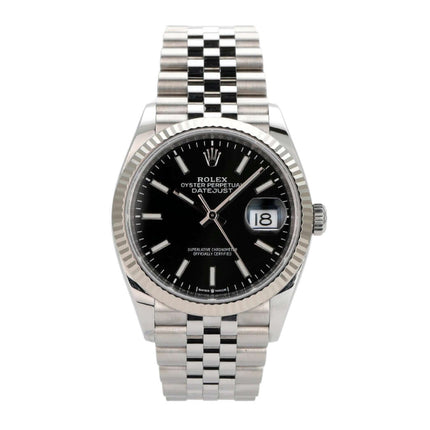 Rolex Datejust 36, Oystersteel, Weißgold, schwarzes Zifferblatt, Jubile-Band, Ref. 126234, Automatik, Datumsanzeige.