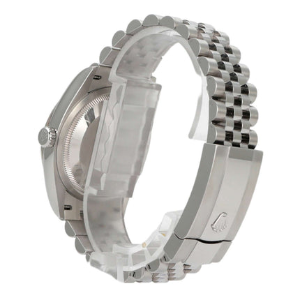 Rolex Datejust 36 in Oystersteel und Weißgold mit Jubile-Band, detailreiche Seitenansicht.