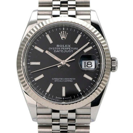 Rolex Datejust 36 Oystersteel Weißgold 126234 Schwarz Jubile-Band mit schwarzem Zifferblatt und jubilar Edelstahlarmband.