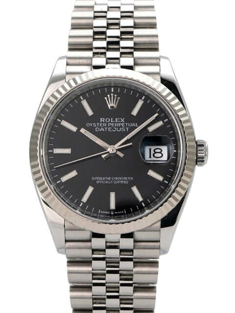 Rolex Datejust 36 Oystersteel Weißgold 126234 Schwarz Jubile-Band mit schwarzem Zifferblatt und jubilar Edelstahlarmband.