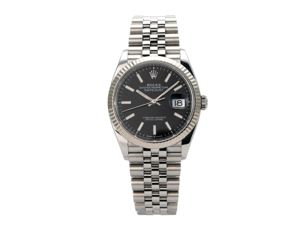 Rolex Datejust 36 Oystersteel Weißgold 126234 Schwarz Jubile-Band mit schwarzem Zifferblatt und Jubilé-Armband.