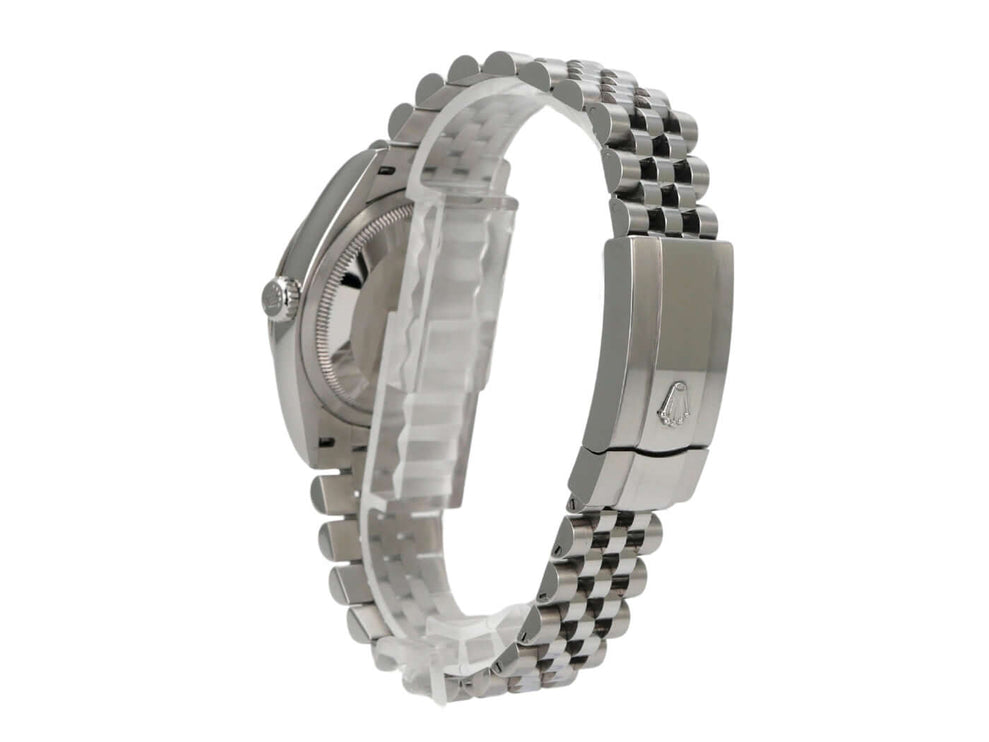 Rolex Datejust 36 Oystersteel Weißgold 126234 Schwarz Jubile-Band seitliche Ansicht des Uhrenarmbands aus Edelstahl.