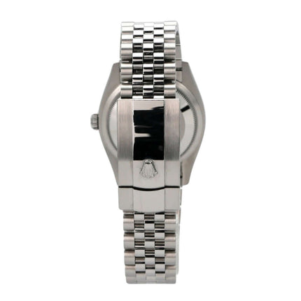 Rolex Datejust 36 Oystersteel Weißgold 126234 Schwarz Jubile-Band Rückansicht des Armbands und Gehäuses.