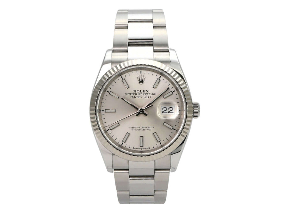 Rolex Datejust 36 Oystersteel Weißgold 126234 Silber Jubile-Band, silbernes Zifferblatt und Datumsanzeige