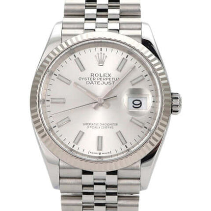 Rolex Datejust 36 in Oystersteel und Weißgold, silberfarbenes Zifferblatt, Jubile-Band, Ref. 126234.
