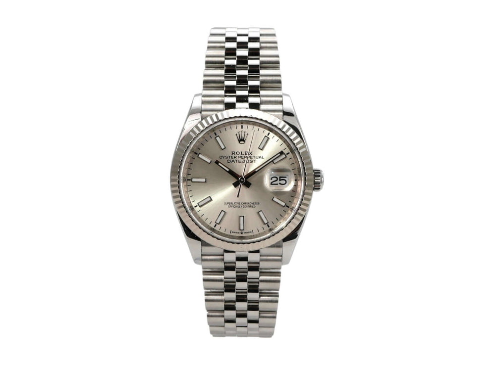 Rolex Datejust 36 Oystersteel Weißgold 126234 Silber Jubile-Band mit silberfarbenem Zifferblatt und Jubile-Edelstahlband.