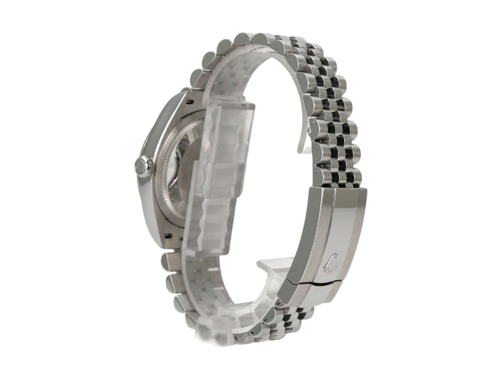 Rolex Datejust 36 Oystersteel Weißgold 126234 Silber Jubile-Band Ansicht der Uhr von der Seite mit Jubile-Edelstahlband.