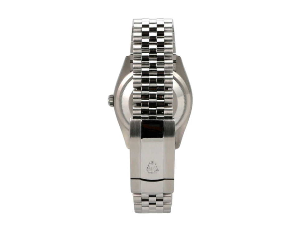 Rolex Datejust 36 Oystersteel Weißgold 126234 Silber Jubile-Band Rückansicht des Armbands und Gehäuses der Uhr.