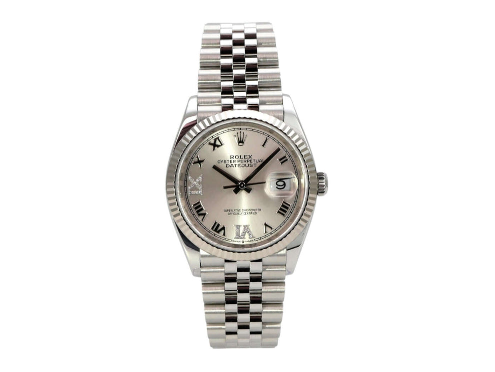 Rolex Datejust 36 Oystersteel Weißgold 126234 Silber R Diamant Jubile-Band, silbernes Zifferblatt mit römischen Ziffern