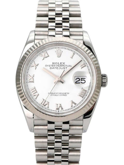 Rolex Datejust 36 Oystersteel Weißgold 126234 Weiß R Jubile Uhr mit weißem Zifferblatt und römischen Ziffern.