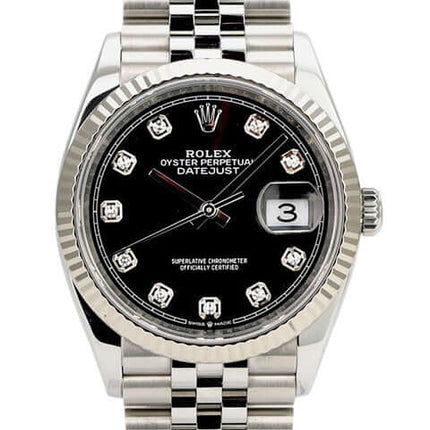 Rolex Datejust 36 Oystersteel Weißgold 126234 Schwarz DIA Jubile-Band, schwarzes Zifferblatt mit Diamanten