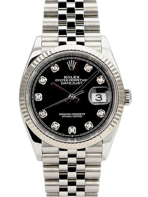 Rolex Datejust 36 Oystersteel Weißgold 126234 Schwarz DIA Jubile-Band, schwarzes Zifferblatt mit Diamanten