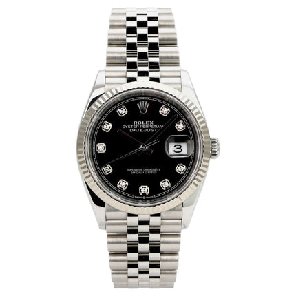Rolex Datejust 36 Oystersteel Weißgold 126234 Schwarz DIA Jubile-Band mit schwarzem Diamantzifferblatt