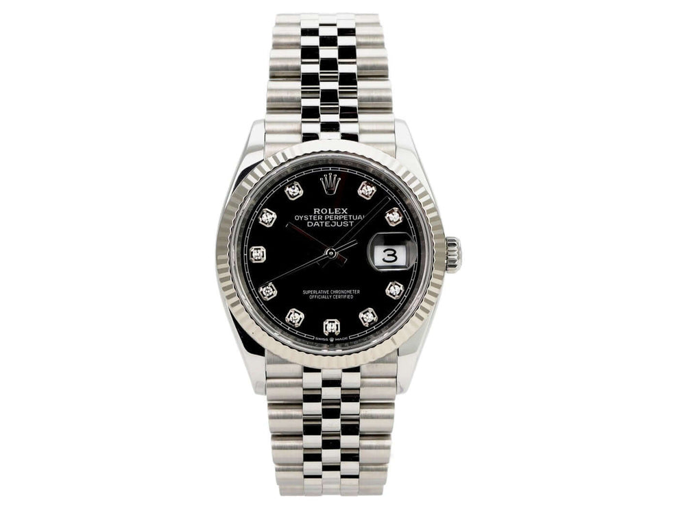 Rolex Datejust 36 Oystersteel Weißgold 126234 Schwarz DIA Jubile-Band mit schwarzem Diamantzifferblatt