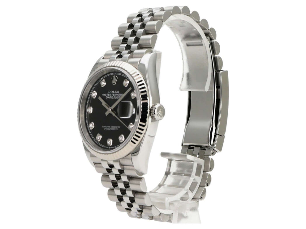 Rolex Datejust 36 Oystersteel Weißgold 126234 Schwarz DIA Jubile-Band, schwarzes Diamant-Zifferblatt