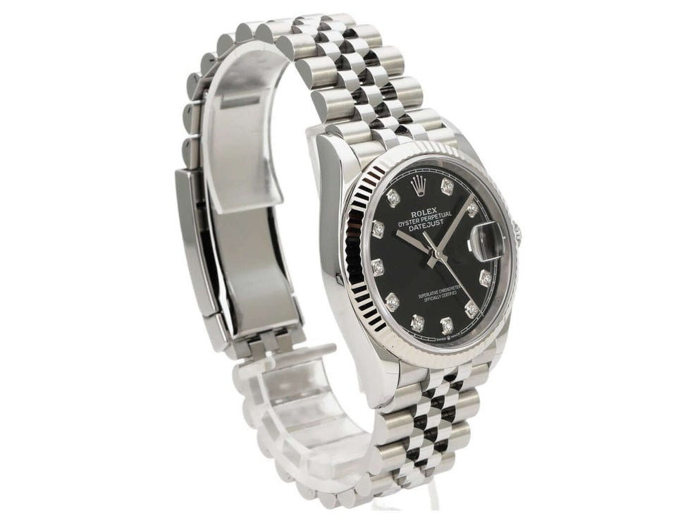 Rolex Datejust 36 Oystersteel Weißgold 126234 Schwarz DIA Jubile-Band, schwarzes Zifferblatt mit Diamanten