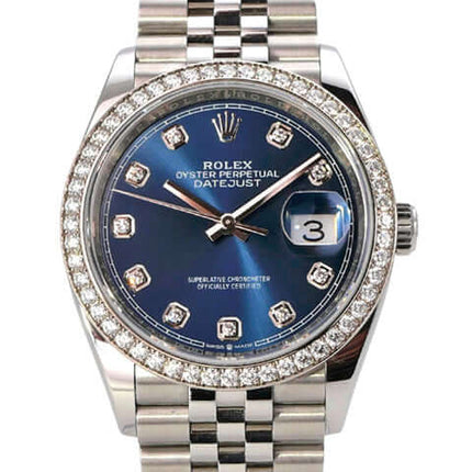 Rolex Datejust 36 Weißgold Diamant 126284RBR Blau Diamant Jubile-Band mit blauen Zifferblatt und Diamanten.