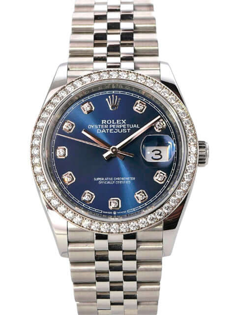 Rolex Datejust 36 Weißgold Diamant 126284RBR Blau Diamant Jubile-Band mit blauen Zifferblatt und Diamanten.