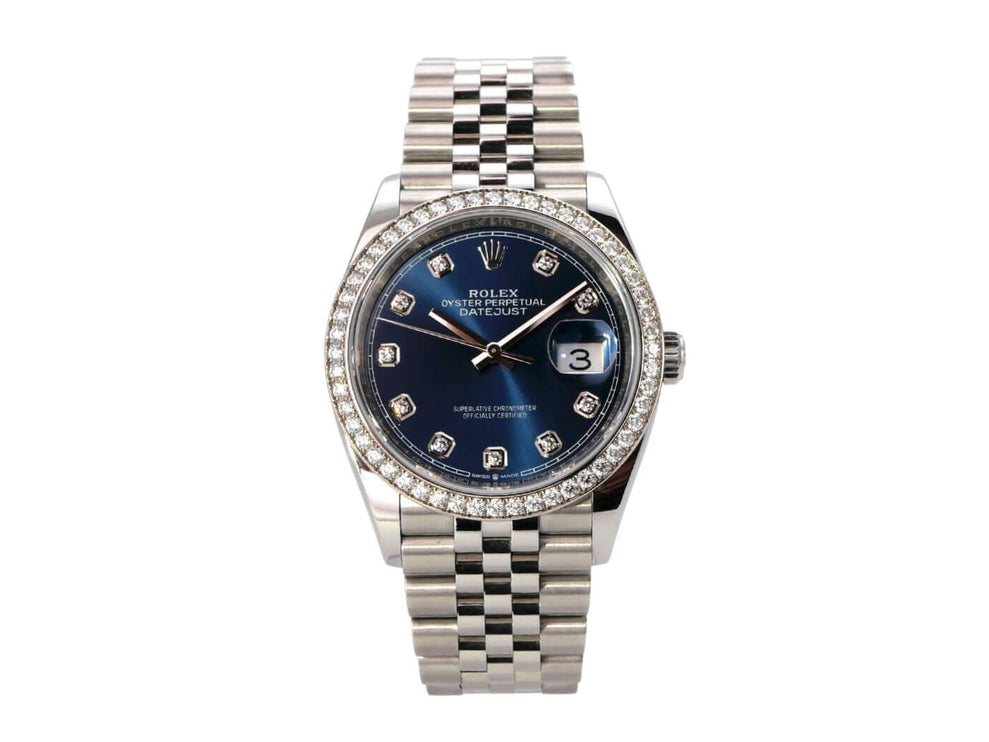Rolex Datejust 36 Weißgold Diamant 126284RBR Blau Diamant Jubile-Band mit blauem Zifferblatt und Diamanten