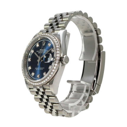 Rolex Datejust 36 Weißgold Diamant 126284RBR Blau Diamant Jubile-Band seitliche Ansicht mit Diamanten und Jubile-Band.