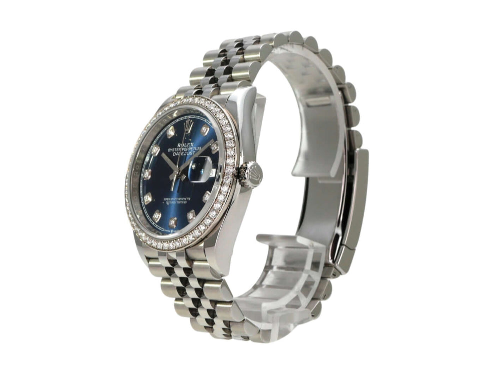 Rolex Datejust 36 Weißgold Diamant 126284RBR Blau Diamant Jubile-Band seitliche Ansicht mit Diamanten und Jubile-Band.
