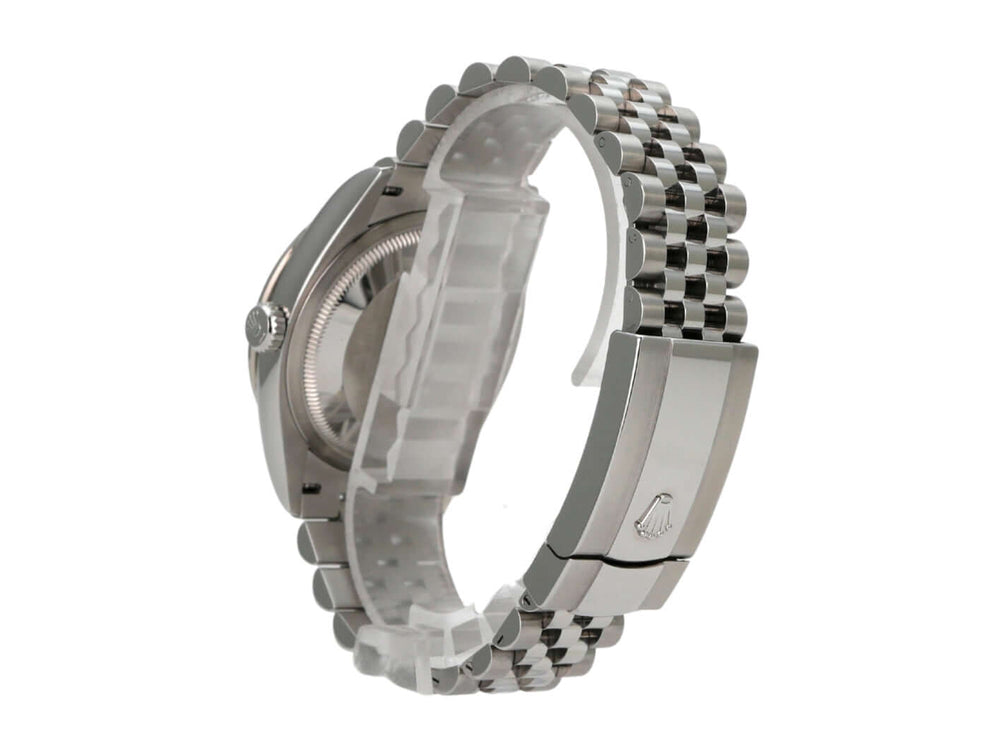 Rolex Datejust 36 Weißgold Diamant 126284RBR Blau Diamant Jubile-Band Seitensicht des Uhrenarmbands mit Faltschließe.