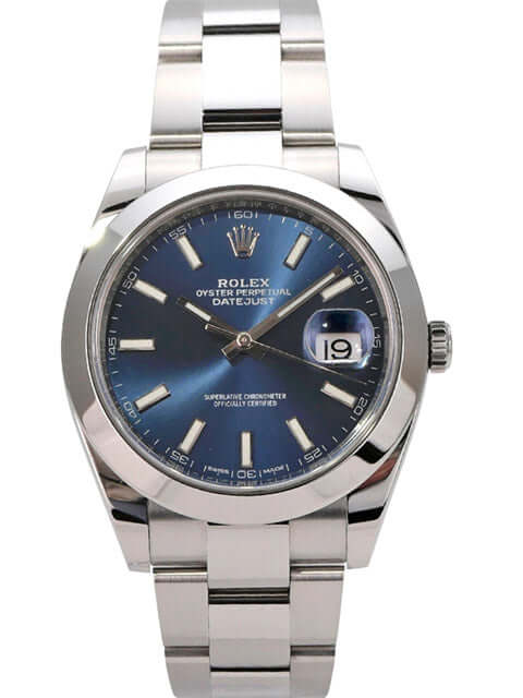 Rolex Datejust 41 Edelstahl 126300 Blau Index mit blauem Zifferblatt und poliertem Edelstahlband.