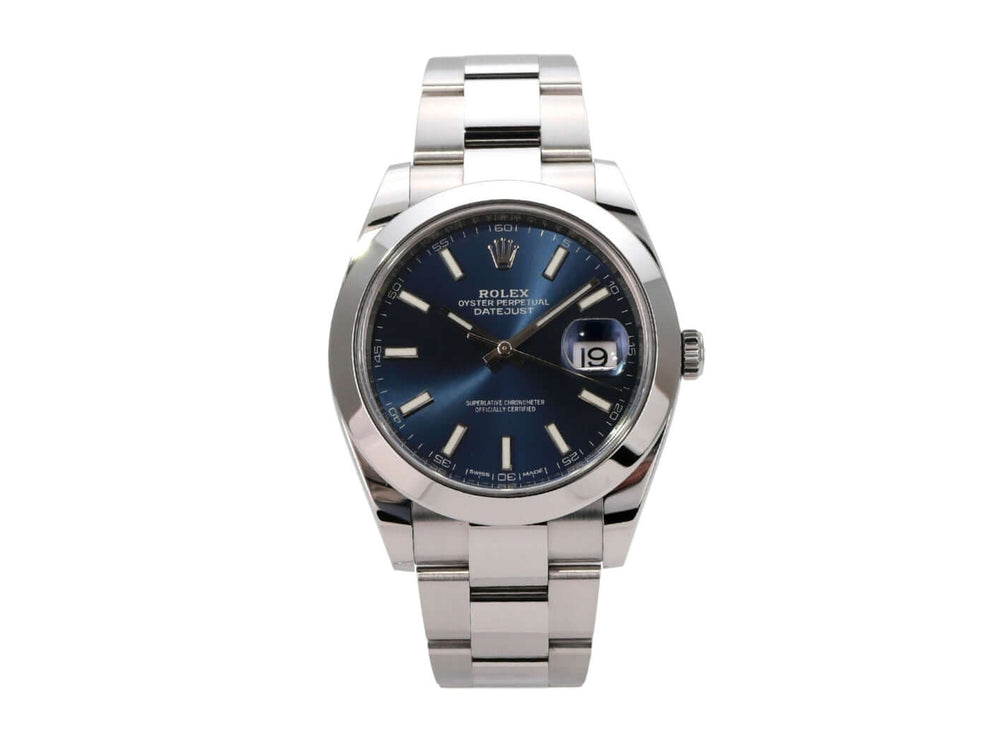 Rolex Datejust 41 Edelstahl 126300 Blau Index mit blauem Zifferblatt und Oyster-Edelstahlband.