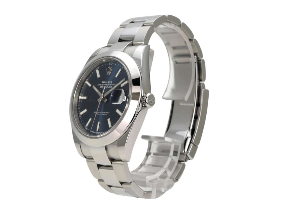 Rolex Datejust 41 Edelstahl 126300 Blau Index mit blauem Zifferblatt und Oyster-Band aus Edelstahl.