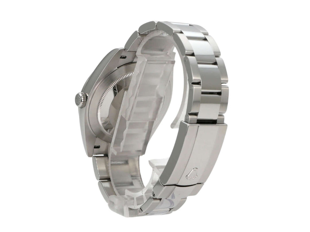 Rolex Datejust 41 Edelstahl 126300 Blau Index Uhr mit Edelstahlgehäuse und Oyster-Band von der Seite.