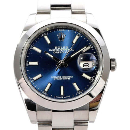 Rolex Datejust 41 Edelstahl 126300 Blau Index, 41 mm, Oyster-Band, LC100, Automatikuhr mit blauem Zifferblatt