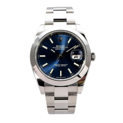 Rolex Datejust 41 Edelstahl 126300 Blau Index mit blauem Zifferblatt, Oyster-Band und Edelstahlgehäuse