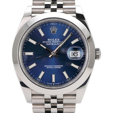 Rolex Datejust 41 Edelstahl 126300 mit blauem Zifferblatt und Jubile-Band, 41 mm, Automatikwerk, 2020 Modell.