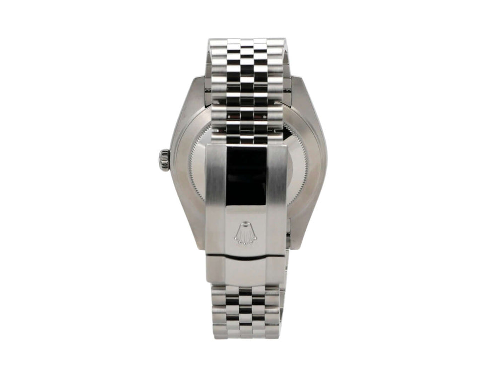 Rolex Datejust 41 Edelstahl 126300 Blau Jubile-Band Rückansicht mit poliertem Jubilé-Edelstahlband.