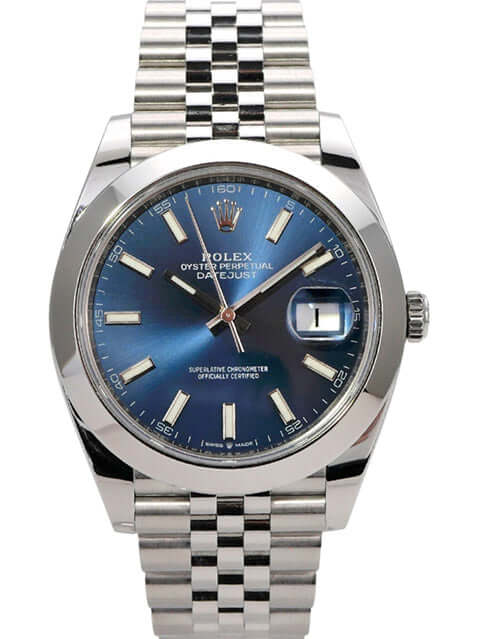 Rolex Datejust 41 Edelstahl 126300 Blau Jubile-Band mit blauem Zifferblatt und Edelstahlband.