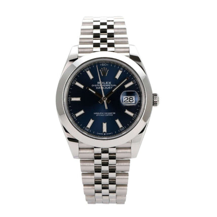 Rolex Datejust 41 Edelstahl 126300 mit blauem Zifferblatt und Jubile-Band, Automatikwerk und Datumsanzeige.