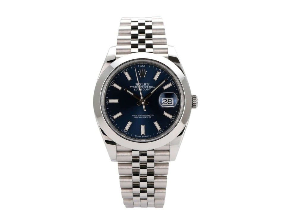Rolex Datejust 41 Edelstahl 126300 mit blauem Zifferblatt und Jubile-Band, Automatikwerk und Datumsanzeige.
