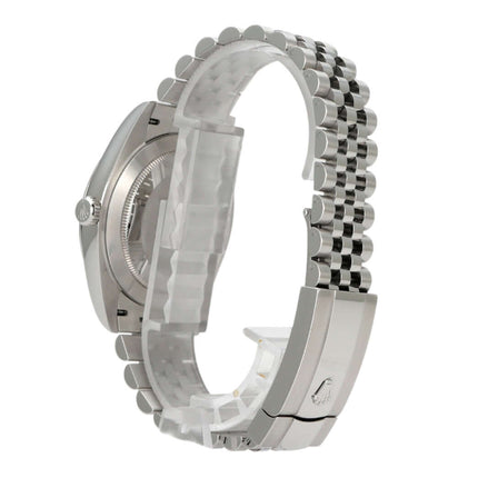 Rolex Datejust 41 Edelstahl 126300 Blau Jubile-Band, seitliche Ansicht des Gehäuses und Armbands in Edelstahl.