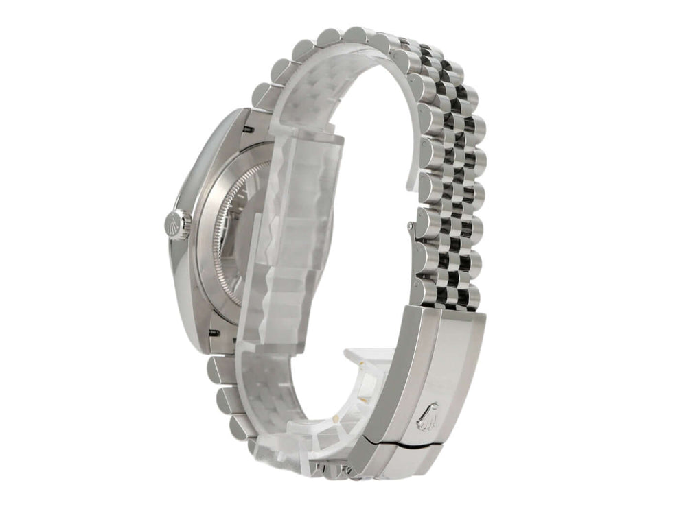 Rolex Datejust 41 Edelstahl 126300 Blau Jubile-Band, seitliche Ansicht des Gehäuses und Armbands in Edelstahl.