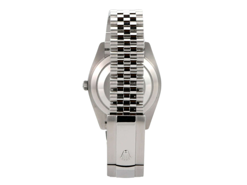 Rolex Datejust 41 Edelstahl 126300 mit Jubile-Band, Rückansicht des Gehäuses und Armbandes.