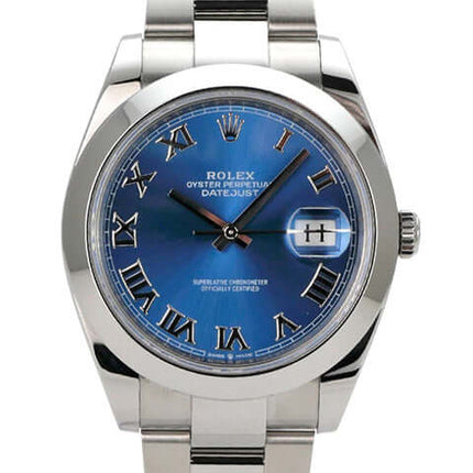 Rolex Datejust 41 in Oystersteel mit blauem Zifferblatt und römischen Ziffern.