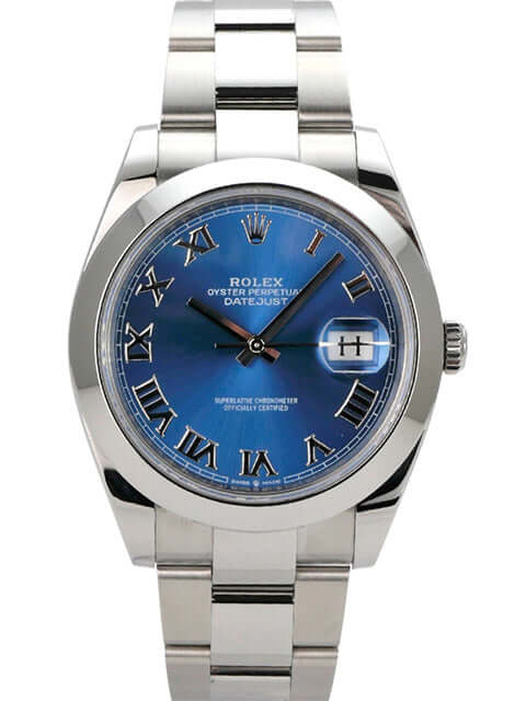 Rolex Datejust 41 in Oystersteel mit blauem Zifferblatt und römischen Ziffern.